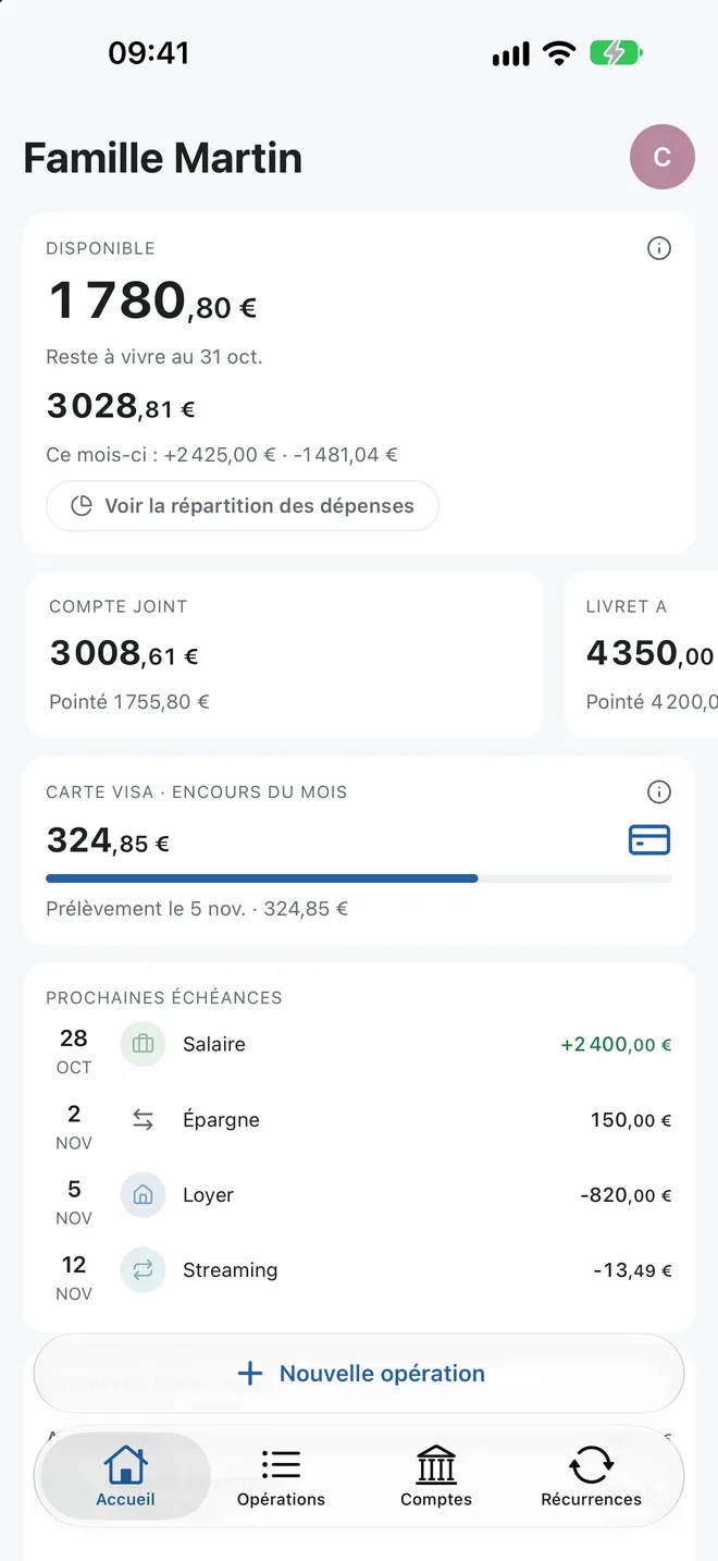 Écran d'accueil de Housecount : disponible, reste à vivre, comptes et prochaines échéances